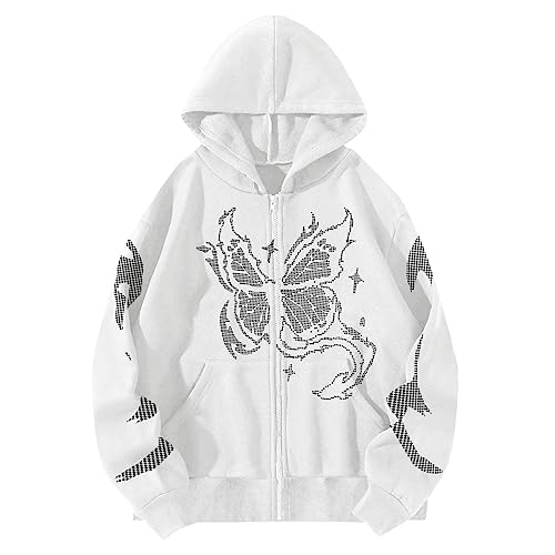 Image of Hoodie Black Women's Sweatshirt with Print, Long Sleeve Hooded Sweatshirt with Drawstring, Butterfly Print, Zip Drawstring, Thermal Hoodie, Friends Pullover, White, XXL