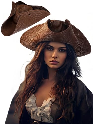 Funnysoft Brown Straw Tricorn Pirate Hat for Women Cool Colonial America Tricorn Broad Brim Hat with button for Renaissance Pirate