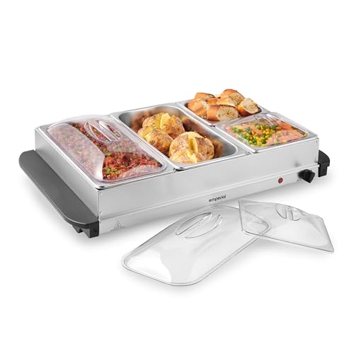 Emperial Food Warmer 4 Tray Buffet Server - 2 x 2.5L and 2 x 1L Pans with Lids, Plate Warming, Temp Control, Chafing Dish, Hostess Trolley Food Warmer & Cool Touch Handles