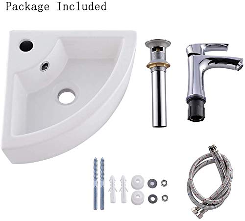 Bokaiya Small Wall Mount Corner Bathroom Sink and Faucet Combo with Overflow Triangle White Porcelain Ceramic Wall Mount Mini Vanity Space Bathroom sink, Brushed Nickel Faucet and Drain Combo - Thumbnail 4