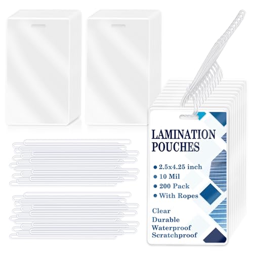 Image of 200 Pieces 10 Mil 2 1 /2 inch x 4 1 /4 inch Luggage Tag Laminating Pouches with Slot Hole Loops Thermal Lanyard Thermal Laminate Pouch Tags Kit Resealable for Work Permits Pass Cards Student ID Cards