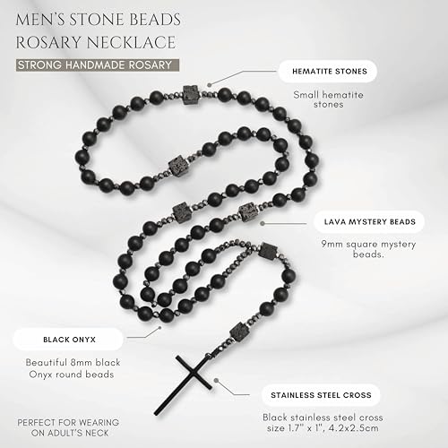 Nazareth Store Men's Rosary Necklace Black Onyx or Tiger Eye Beads with Black Alloy Cross, Catholic Christian Religious Jewelry, Gift for Him4