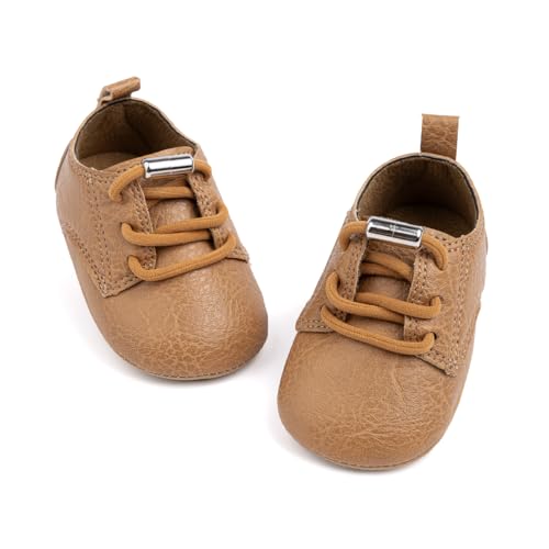 HsdsBebe Baby Boys Girls Oxford Shoes PU Leather Soft Rubber Sole Sneakers Anti-Slip Toddler Ankle Boots Infant Walking Shoes Moccasins(HM5174 Khaki,3)