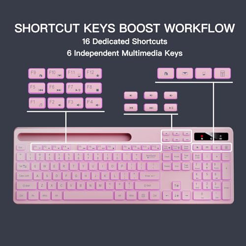 Image of Soueto Wireless Keyboard with 7-Color RGB Backlit, Full-Size Computer Keyboard with Phone Tablet Holder, 2.4G Rechargeable Gaming Keyboard with Light Up Keys, Compatible with Mac, Windows (Pink)