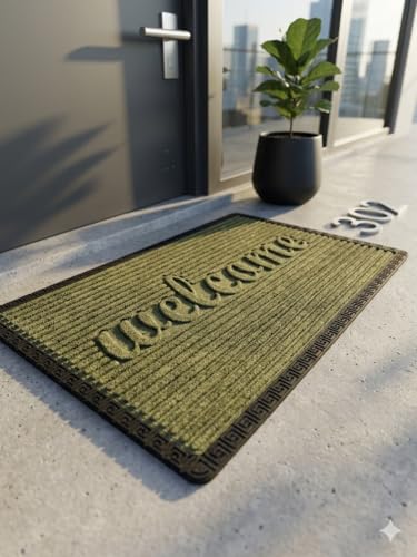 Image of Heavy Duty Front Door Mat 2x3 Feet, Outdoor Indoor Welcome Mat, Non Slip Dirt Trapper Entrance Rug for Entryway, Patio & Porch,Washable Low Profile Welcome Mat (Green Welcome 2 x 3 Feet)