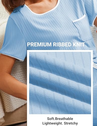 Ekouaer Womens Pajama Set Ribbed Knit Soft Shorts Pjs Summer Sleepwear Two Piece Casual Lounge Sets with Drawstring & Pockets2