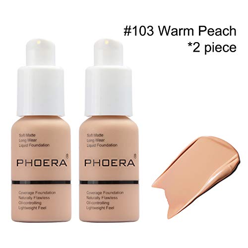 Abrus® - Phoera Foundation, Full Coverage Foundation, Soft Matte, Oil Control Concealer, Foundation Makeup Flawless Cream Smooth Long Lasting 24Hr Waterproof And Blendable 30Ml (2 Pack - 103 Warm Peach) #TOP1