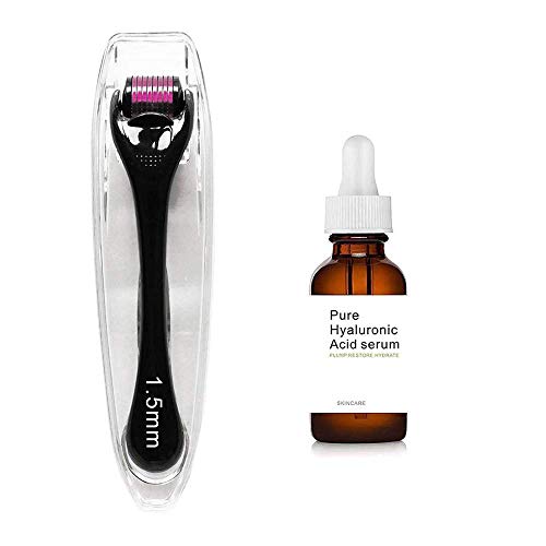 Hyaluronic Acid Serum for Face & Eyes with derma roller/I.5mm for Anti-Aging, Moisturizing, Antioxidant & Wrinkle Treatment. Best Hydrating Pure Facial Serum by Moontree