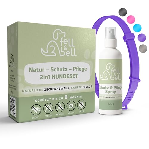 fell&bell Zeckenhalsband Mit 60 ml Kokos-Pflegespray – Natürliche Öle Gegen Ungeziefer – Hundehalsbänder In 5 Farben – Bis 8 Monate Schutz – Flohhalsband - Wasserfest – Für Alle Hunde (Lila)