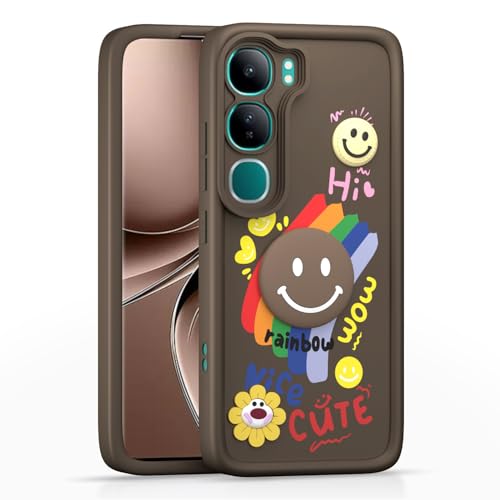 Image of Pikkme Back Cover for Vivo Y300 5G / Vivo V40 Lite 5G | Soft Silicone| Cute Rainbow Smile & 3D Cartoon Flower Design | Shockproof Raised Camera Protection Bumper Case (Brown)