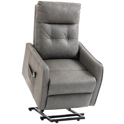 HOMCOM Sillón Relax Reclinable Eléctrico Levanta Personas, Tapizado en Cuero PU, Sillón Elevador con Control Remoto, Asiento de Muelles, Reposapiés, Respaldo Alto, Bolsillos Laterales, Gris Oscuro