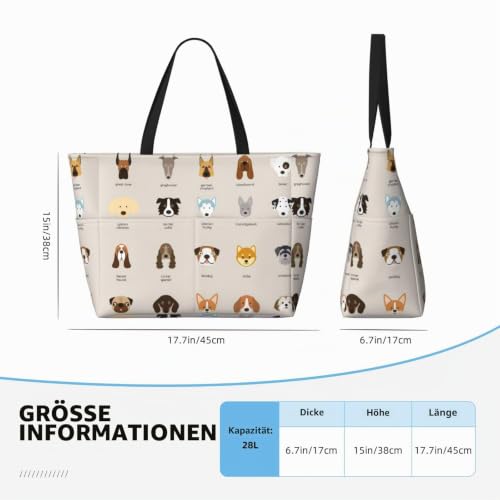 FLYIFE Bedruckte Strandtasche mit Hundemotiv, große Kapazität, Schultertasche für Damen, mit 7 Taschen, faltbar, Schwarz , Einheitsgröße