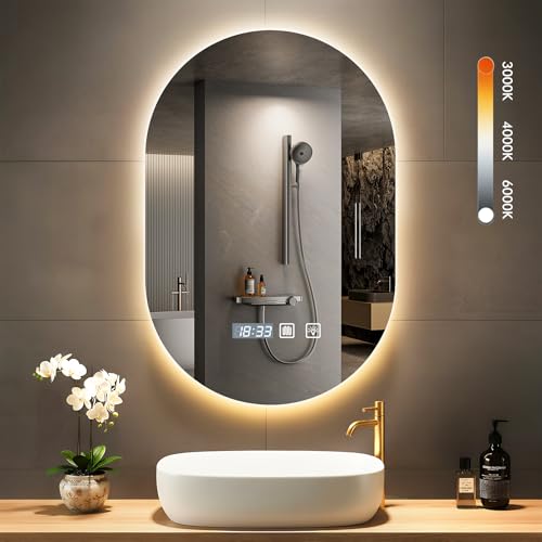 Bellanny Espejo Baño con Luz, 75×50cm Elíptico Espejo de Pared, LED Espejos Retroiluminado - con Función Antivaho, 3000K/4000K/6500K Regulable, Ajuste de Brillo, Memoria, IP44, Horizontal/Vertical