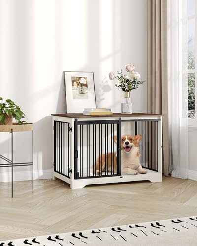 Hzuaneri Hundekäfig Möbel, 100cm hundebox für zuhause, Schiebetüren, 2 Tür, Moderne hundebox Holz Indoor für kleine/mittlere/große Hunde, Hundekäfig für Zuhause, 100 x 60 x 68 cm, Weiß Braun