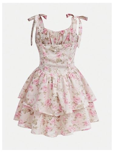 Verdusa Girl's Floral Bow Tie Shoulder Princess Dress Summer Tiered Layered Vacation Dresses2