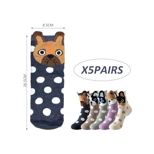 NyxSeat 5 Paar Gepunktete Baumwoll-Hundesocken, Neuheitssocken, lustige Socken, Geschenke für französische Bulldoggen, Geschenke für Hundeliebhaberinnen