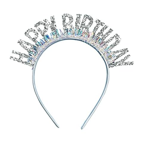 ATCYMI Birthday Headband (White) for Women - Happy Birthday Crown Plastic, Reusable, Lightweight, Comfortable, Suitable for Birthday Party Decorations Supplies and All Ages Cover