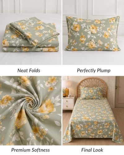 Image of VAS COLLECTIONS 240 TC Premium Cotton Single Bedsheet, Soft Breathable Comfortable Floral Printed Bed Sheet, Elegant Durable Bedding for Bedroom, Easy Care Single Bed Cover,60 x 90 Inches - Ochre
