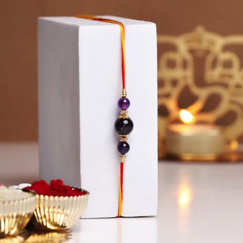 Image of Shubhanjali Crystal Beads Rakhi for Brother | Handmade Healing Crystal Stone Designer Rakhi for Bhaiya | Raksha Bandhan Gift Set with Roli Chawal, Kumkum, Greeting Card & Potli