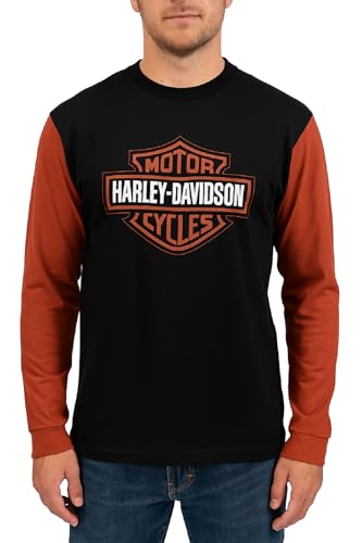 【HARLEY DAVIDSON】L/S Tee デカロゴ スリーブロゴ 2XL Harley-Davidson Men's Bar & Shield Colorblock Tee, Orange