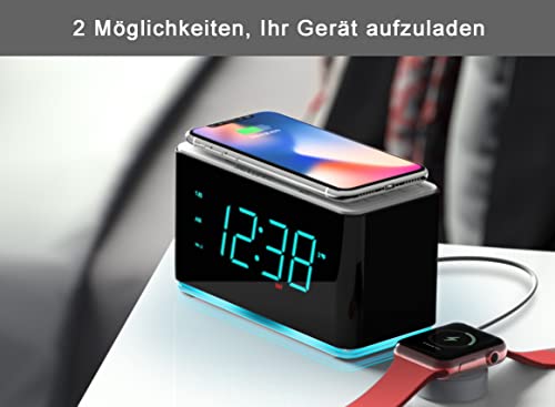 Wekkerradio met 15 Watt ultrasnel draadloos opladen, Bluetooth, USB-poort, dubbel alarm, slaaptimer, snooze, dimmer, FM-radio, cyaan LED-nachtlampje en 1,4-inch display iTOMA CKS207 - Image 4