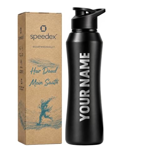 Image of Speedex Customised Engraved Name Stainless Steel Water Bottle 1 Ltr - Personalised Sipper Cap Bottle for Kids, Men & Women, School, Gym, Travel, Black, BIS Approved, Set of 1