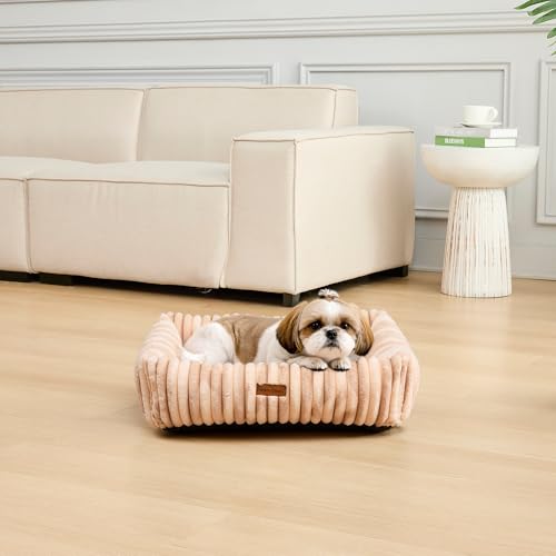 Image of Modern Threads Ribbed Plush Two-Tone Cuddler Dog Bed, Ultra-Soft Faux Rabbit Fur, Supportive Bolstered Sides, Removable Washable Cover, Bed for Small to Medium Dogs, Cream, (24 inch L x 20 inch W x 8 inch Th)