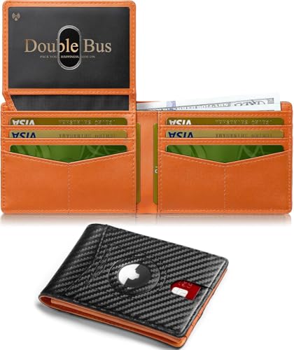 Image of Wallet for Men Slim RFID Blocking Bifold Carbon Fiber,Minimalist Small Compact Front Pocket Credit Card Holder,Thin Mens Leather Wallets Smart Security With 2 ID windows 1 Cash (Black & Orange)