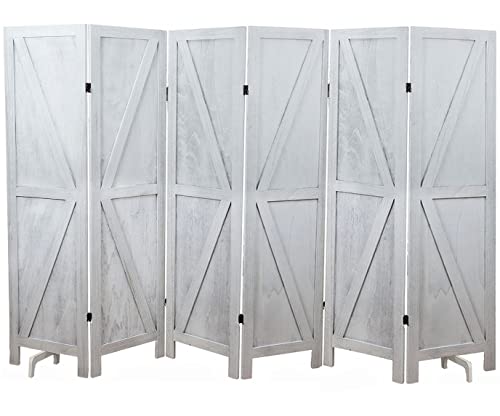 Image of Premium Home 6-Panel Room Divider - Rustic White Barn Door, K Pattern Folding Privacy Screen, Partition Wall