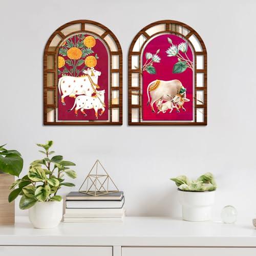 Image of Sehaz Artworks Cow Mirror Jharokha Wall Decor for Living Room - 40x30 CM