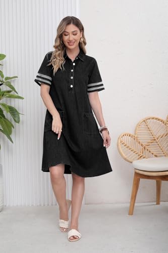 Image of utcoco Denim Dress for Women 2026 Casual Tulle Short Sleeve Button Jean Midi Dress with Pockets