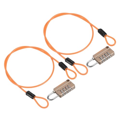 Image of PATIKIL Security Steel Cable with 4 Digit Combination Lock, 2 Set 1.6Ft Coated Safety Wire Rope Double Loop Padlock for Outdoor Travel Luggage, Yellow