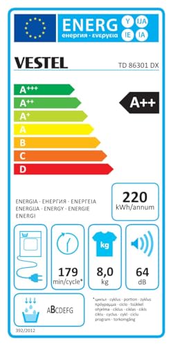 VESTEL TD 86301 DX Wärmepumpe Frontlader, 8 kg, 15 Programme, 20 Min. Schnellprogramm, Knitterschutz, PearlDrum-Schontrommel, Dark Inox