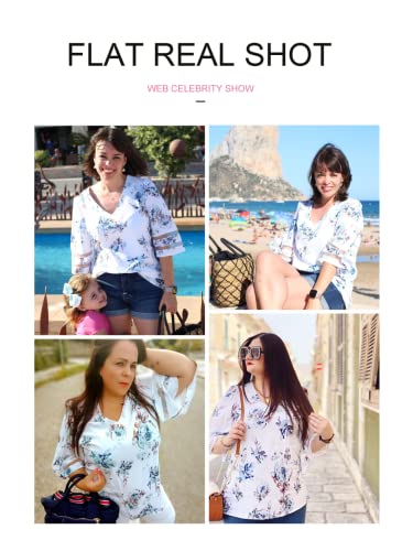 Blencot Women's Casual V Neck Floral Sheer Panel 3/4 Bell Sleeve Chiffon Blouse Loose Shirts Tops White Xl #TOP3