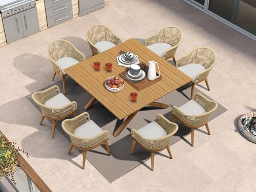 Image of PURPLE LEAF 9 Pieces Patio Dining Set with Outdoor Aluminium Square Dining Table and Woven Chairs Modern Metal Furniture Cushions Sets for Garden Yard Indoor Decor Kitchen Teak