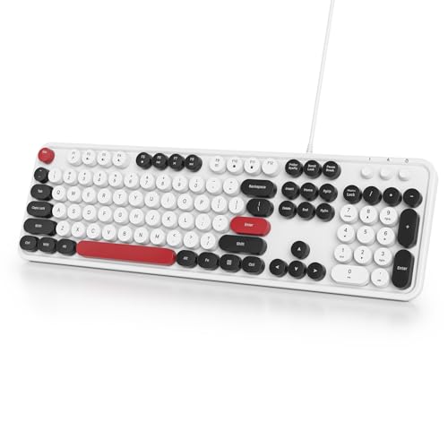 Image of Owpkeenthy Wired Cute Keyboard, Plug and Play USB Retro Round Typewriter Keyboard, Full Size Wired Keyboard with Foldable Stands for Laptop and Office PC (Minimalist White)
