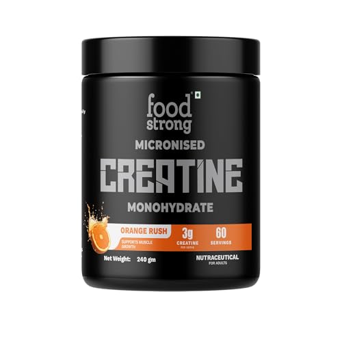 Image of Foodstrong Micronized Creatine Monohydrate Powder (60 Servings) | 3g Creatine Supplement for Muscle Strength, Power, Stamina & Athletic Performance | Pre /Post Workout Gym Supplement for Men & Women | Orange Rush, 240g