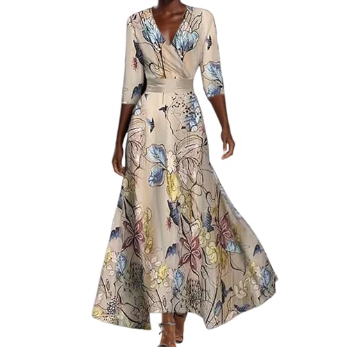 Vestido de manga larga con vuelo, cuello en V, estampado, vestido largo casual para mujer, otoño, caqui, S