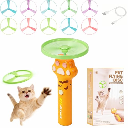 PDVMWPJ Cat Fetch Toy Launcher with 10 Soft & Flexible Discs, Cat Toys for Indoor Cats, LED Glowing Launcher, Electric Interactive Kitten Toy for Hunting & Exercise, USB Rechargeable