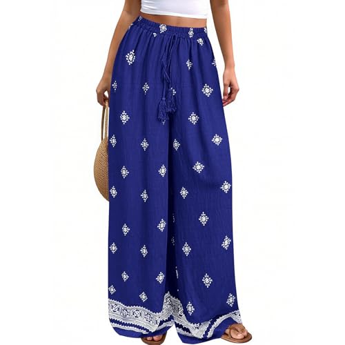 Pantalon Palazzo léger bleu marine L pour femme à taille élastique