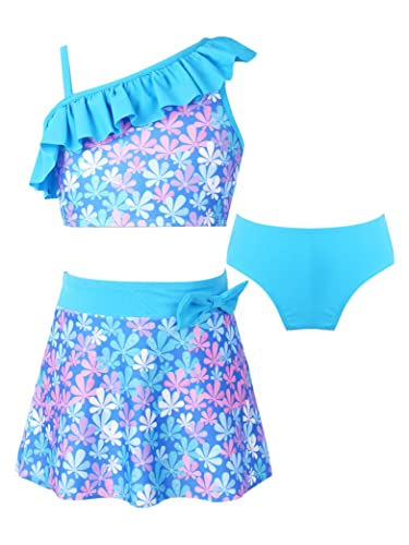 Kids Girls Tankini 3 Pieces Swimsuit Ruffles Flounce Printed Swimwear Hawaii Beach Bikini Sets Rash Guard Sky Blue 10 Years