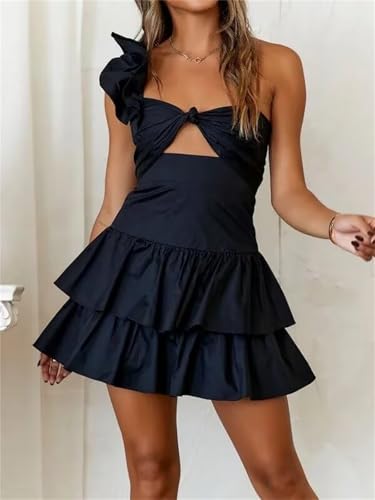 One Shoulder Tiered Homecoming Dresses for Teens 2025 Short Satin Prom Dress Mini Ruffle Cocktail Party Gown with Bow4