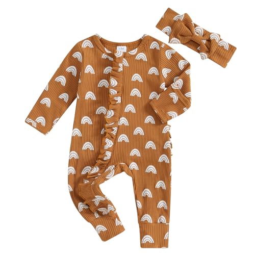 Image of Socutebabe Baby Girl Winter Clothes Newborn Going Coming Home Outfit Ruffle Romper Cute Ribbed Jumpsuit and Headband (Mitten Cuffs Rainbow Print Brown, 0-3 Months)