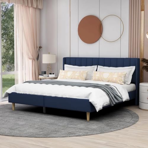 Image of Low Profile Upholstered Platform Bed with Winback Headboard | Bed King Size | Bed Without Storage | Upholstered Beds King Size | Mattress not Included | Dark Blue