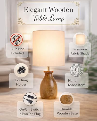 Image of Homesake Wooden Table Lamp Bedside & Living Room Lamp | E27 Holder, Bulb Included | Warm Light | Desk Nightstand Light, Decorative Lamp for Bedroom, Study & Home Decor (KD Off-White Drum)