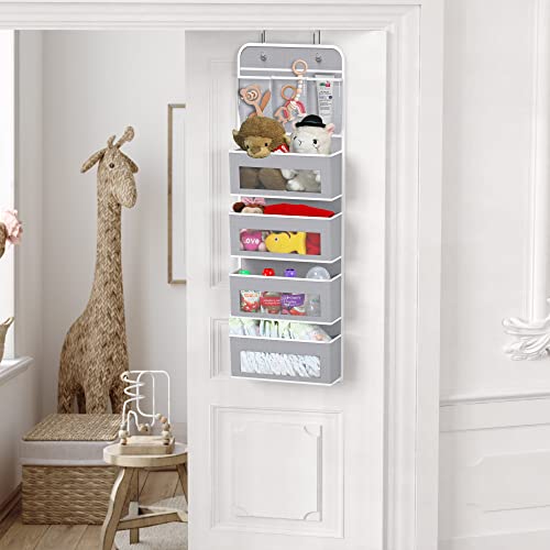 Image of Simple Houseware 4 Clear Window Pocket Over Door Storage Hanging Organizer with 3 Clear Pockets for Bedroom, Bathroom, Pantry, Gray
