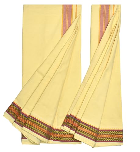 Image of TUNI MANI Men's Panchakacham Dhoti with Angavasthram with Zari Border, Cotton, Size: 9 X 5 (4.0mtr Dhoti, 2.25mtr Towel)