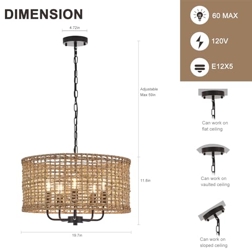 YOMECOO Hand-Woven Rattan Chandelier Vintage Farmhouse Boho Bamboo Chandeliers Light Fixture Rustic Retro 5-Lights Drum Wicker Rattan Black Chandelier for Dining Room, Kitchen, Living Room, E12 - Image 3