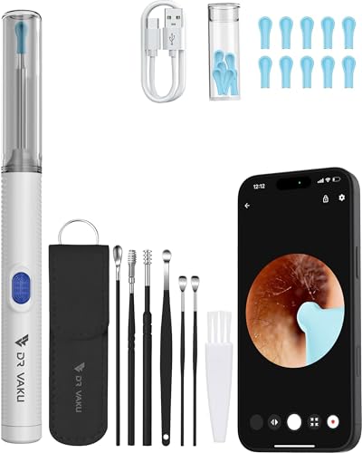Image of Dr Vaku Clenzio Earocam Ear Cleaner Earwax Removal Tool with Extra Cleaning Kit (Set of 7) HD Camera Wifi Connection & 6 LED Lights Endoscope Tool + 11 Silicone Tips Free & Storage Case-White /Black