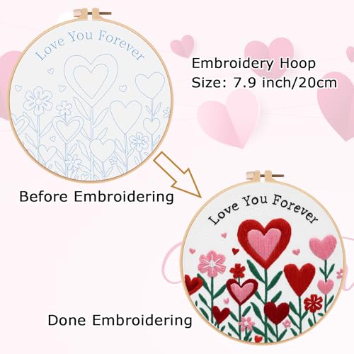 Image of Nuberlic Valentine Embroidery Kit for Beginners - Heart Floral Design Adults Starter Cross Stitch Kit DIY Needlepoint with Hoop, Pre-Printed Fabric, Threads & Step-by-Step Guide